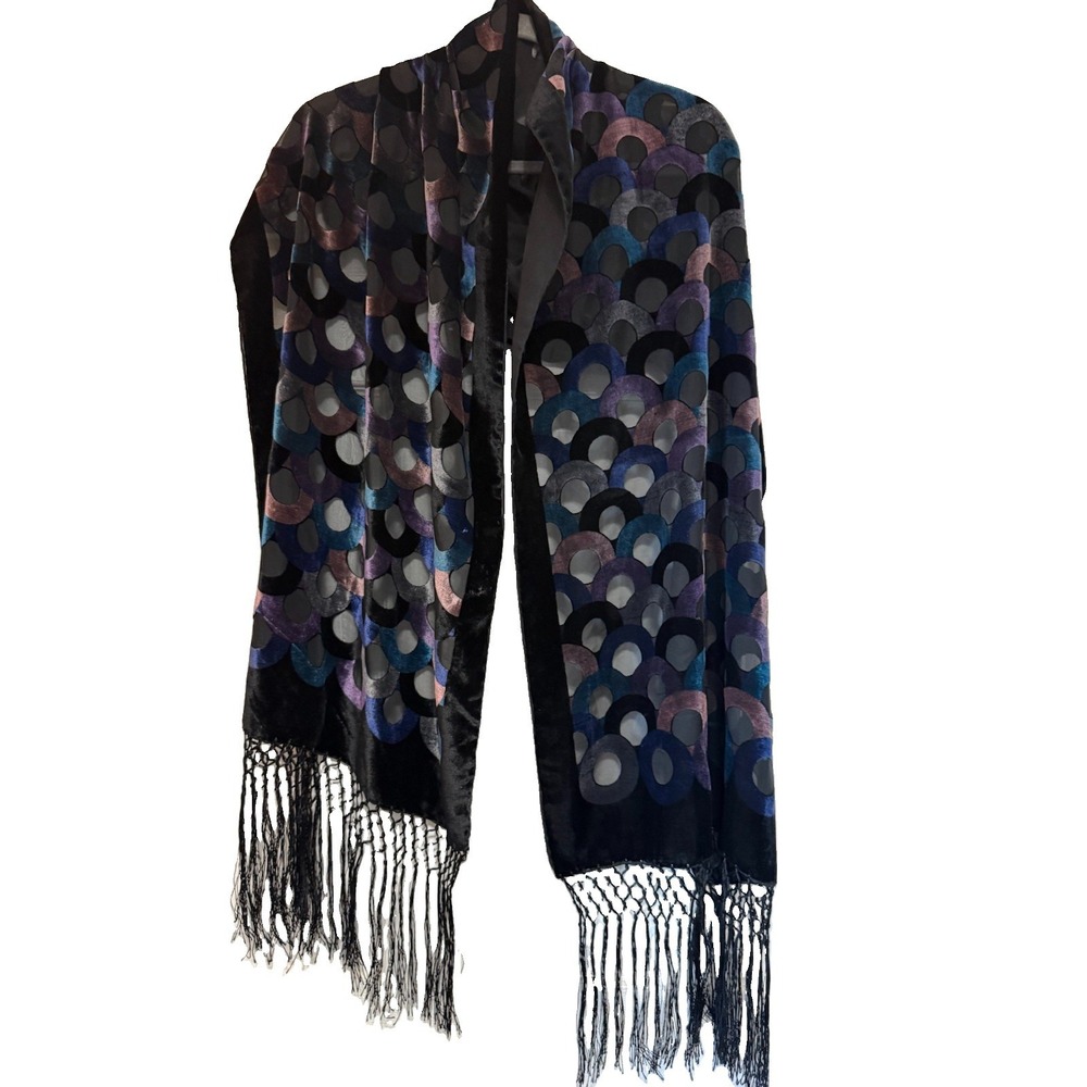 V Fraas Velvet Burnout Scarf Silk Blend Multi Color Geometric Circle Fringe